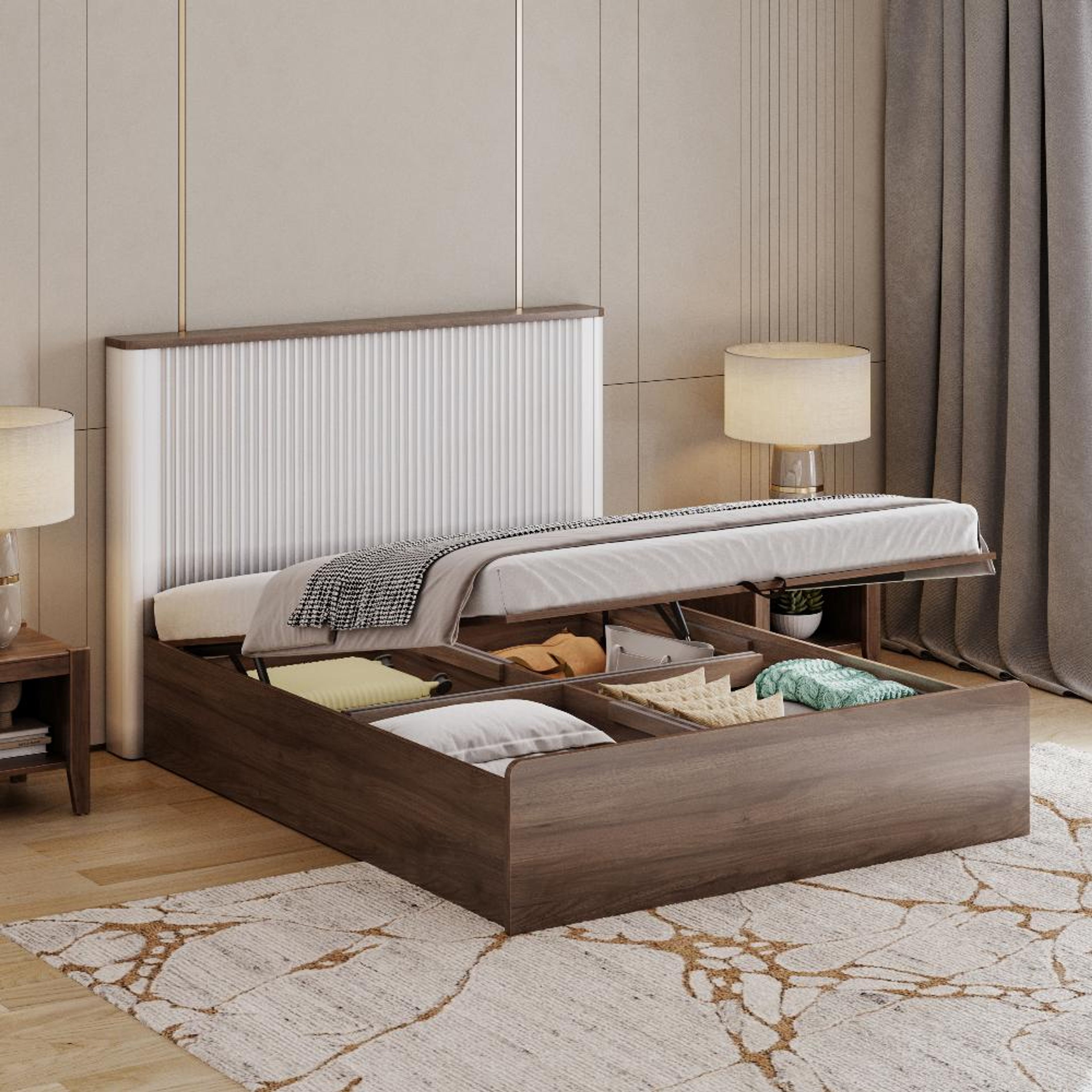 Nix Queen Size Storage Engineered Wood Bed with Hydraulic mechanism